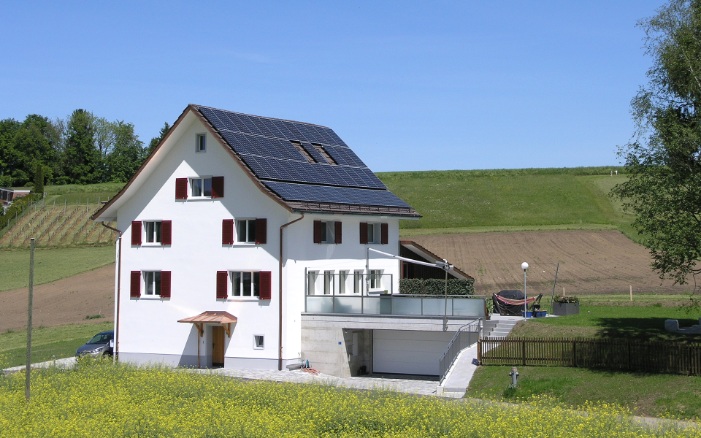 Front view of the extensively renovated single-family house amid green surroundings and a vast flower meadow in front of the entrance area in fine weather